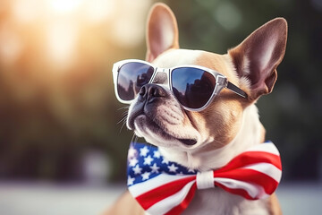 Dog and USA flag, independence day 4th July, illustration for print, generative ai
