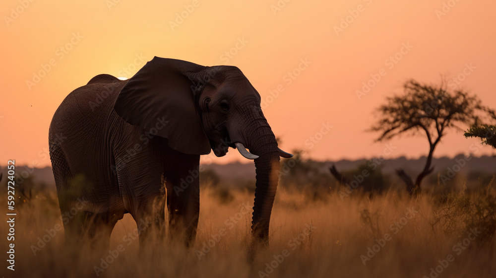 Poster an elephant standing in a field at sunset. ai generative image