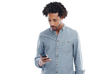 Phone, typing and black man isolated on a transparent, png background for social media, mobile app or reading post. Serious, young and creative person with communication, networking or online search