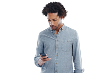 Phone, typing and black man isolated on a transparent, png background for social media, mobile app or reading post. Serious, young and creative person with communication, networking or online search
