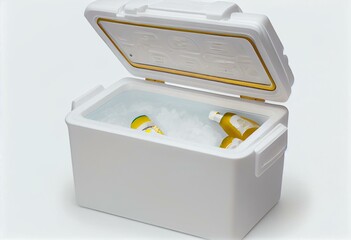 Cooler with ice. Styrofoam Cooler box. White foam plastic cooler box for ice. Take cold beer, drink, food on the beach. Fridge container for picnic. Isolated on white background with. Generative AI