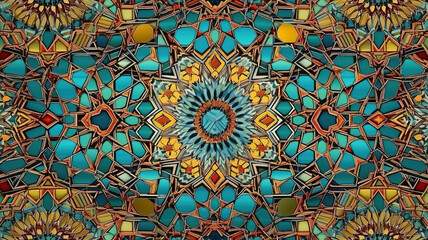 Moroccan tile, or Moroccan zellij - traditional mosaic, Bright color. Generative Ai