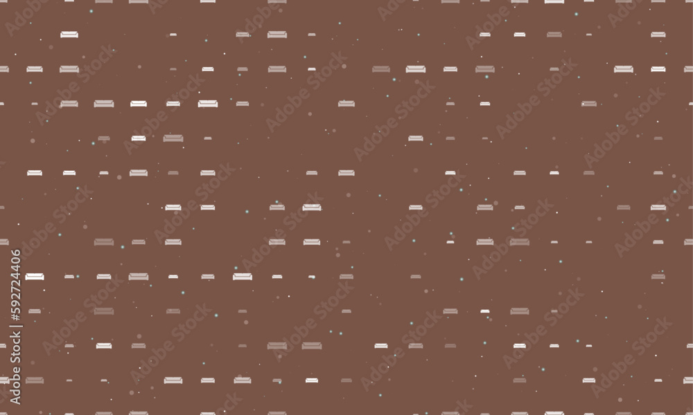 Poster Seamless background pattern of evenly spaced white sofa symbols of different sizes and opacity. Vector illustration on brown background with stars