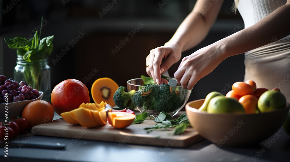 Canvas Prints A woman is preparing a vegetable or fruit salad on a cutting board. AI generative image