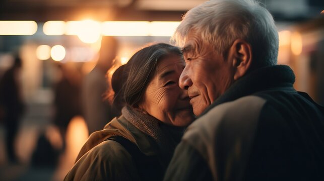 A family gathering to reunite or say goodbye at a train station, with a backdrop of busy commuters, bustling activity and emotion-filled moments. AI Generative