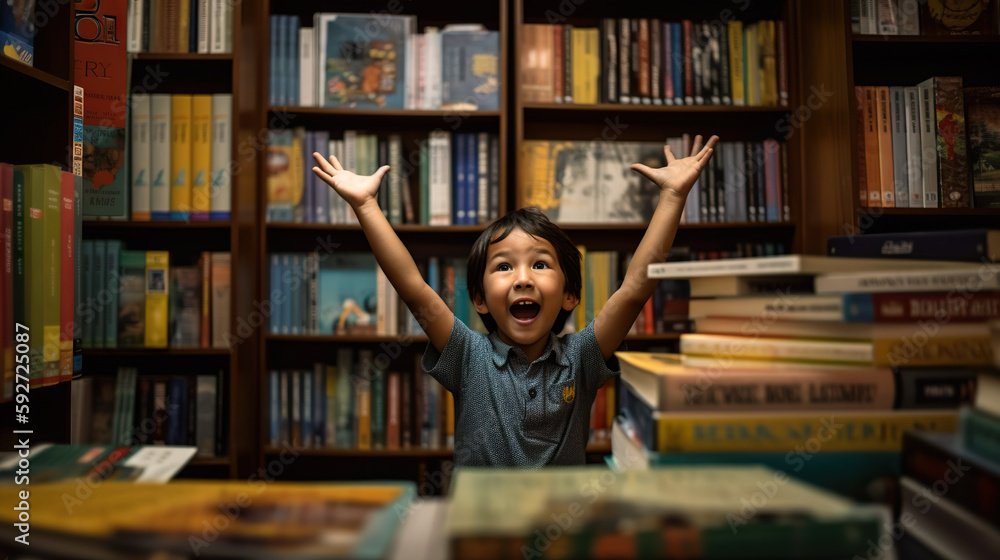 Poster a little girl standing in front of a bookshelf. ai generative image