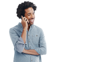 Man, talking and phone call for communication or conversation isolated on transparent, png background. Happy black male for smartphone advertising, network connection and alpha channel contact