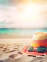 Vibrant beach straw hat and sunglasses on sand on sea shore. Summer vacation concept. Created with generative Ai