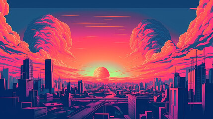 Atomic explosion cityscape 