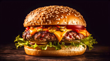 Fresh beef burger on black background. Big tasty cheeseburger close-up. Generative AI. High quality illustration