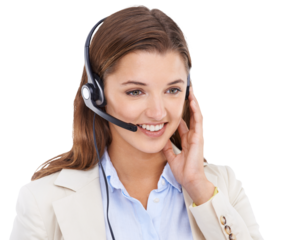 Woman with smile, call center and headset isolated on transparent or png background with CRM and contact us. Customer service, telemarketing or tech support consultant with happy person on help desk