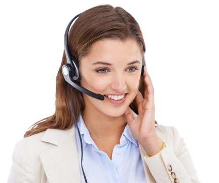 Woman with smile, call center and headset isolated on transparent or png background with CRM and contact us. Customer service, telemarketing or tech support consultant with happy person on help desk