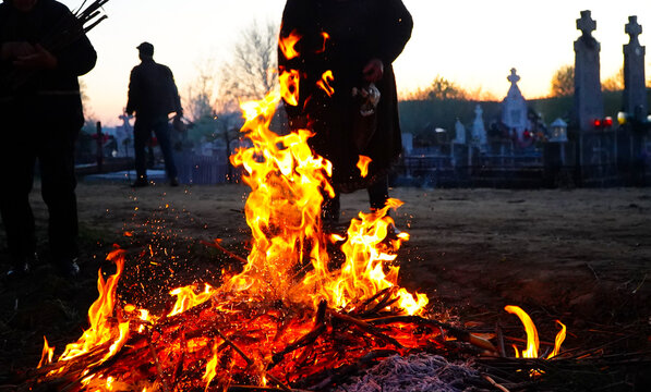 the fires from Salcia. Maundy Thursday celebration. tradition in Salcia commune, Dolj county, Romania. fire in the cemetery.