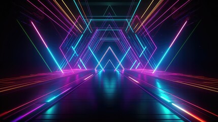 Abstract futuristic neon light background. Stage room with neon led lines illustration. Generative AI - obrazy, fototapety, plakaty