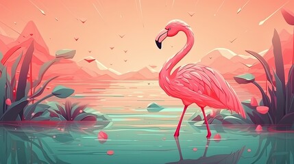 Obraz premium Beautiful flamingo in floral summer background. Illustration with tropical palm leaves. Generative AI