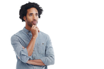 Man, thinking and idea with hand on chin on a transparent, png background. Black male model with...