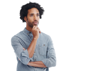 Man, thinking and idea with hand on chin on a transparent, png background. Black male model with hand gesture while contemplating plan or strategy with space and alpha channel for advertising