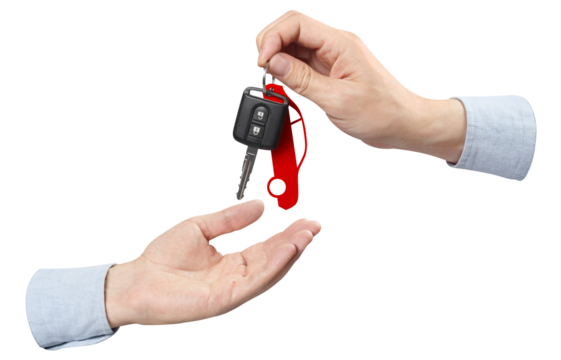 Hands sharing a car key, cut out