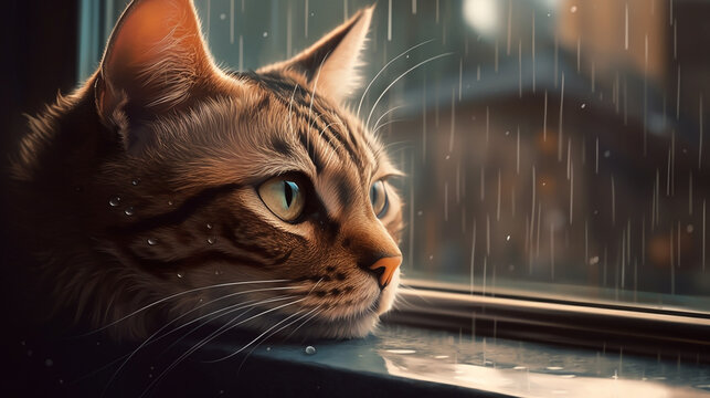 Portrait of cartoon cat looking in the window, illustration. Cute kitty on a rainy day. Generative AI