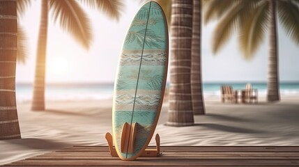 Surfboard at the beach. Illustration of surf board on the beach background. Generative AI