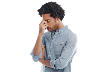 Headache, anxiety and PNG with a man isolated on a transparent background while suffering from stress or pressure. Mental health, burnout and tired with an exhausted young male feeling overworked - obrazy, fototapety, plakaty