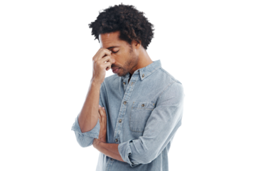 Headache, anxiety and PNG with a man isolated on a transparent background while suffering from stress or pressure. Mental health, burnout and tired with an exhausted young male feeling overworked