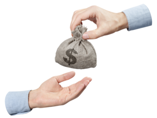 Hands sharing burlap sack with dollars, cut out
