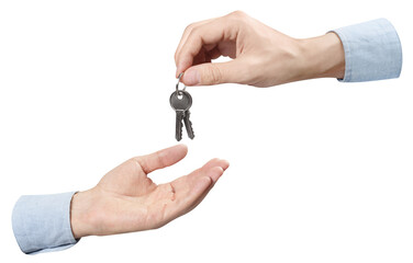 Two hands sharing a house key, cut out