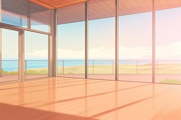 modern living room with a sea view in the summer. Generative AI