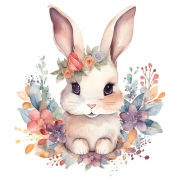 Illustration of a watercolor painting featuring a cute rabbit adorned with flowers on its head, Generative AI