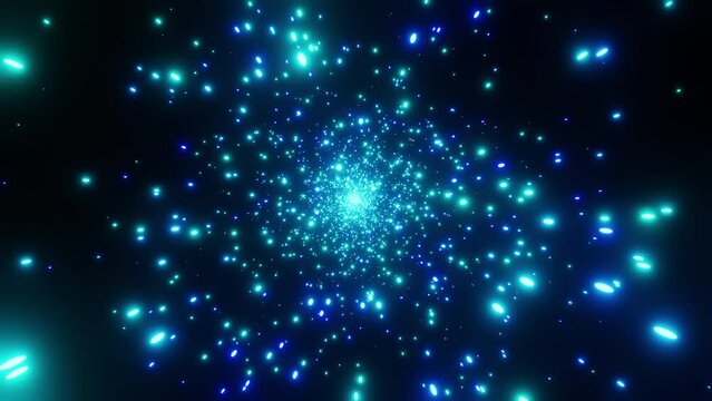 Stream of blue particles moves into the camera VJ loop 3d render. Background for nightclub, rave, music festival or broadcast