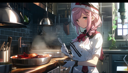 Title: anime cartoon girl chef cooking