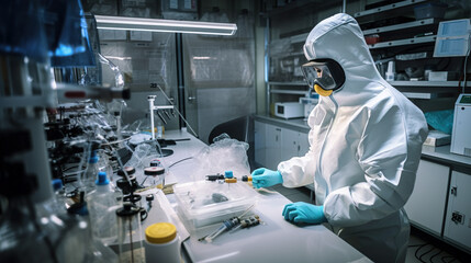 A man in a lab wearing a protective suit. AI generative image