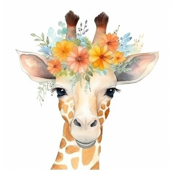 Illustration of a giraffe wearing a floral crown on its head, Generative AI