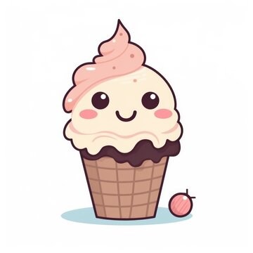 Illustration of a cute and colorful ice cream cupcake with a cherry on top, Generative AI