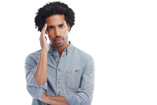 Portrait, anxiety and PNG with a man isolated on a transparent background while suffering from a headache. Mental health, burnout and stress with an exhausted male feeling overworked or in pain