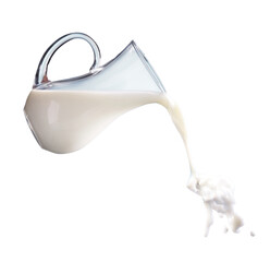 Splashing and pouring milk from glass jug isolated on transparent background