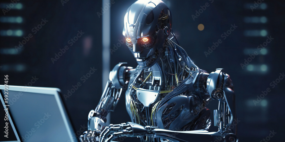 Poster robot that is looking at a computer screen,