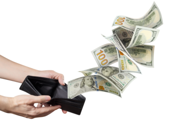 Hundred American dollars banknotes flying ot of a leather wallet, cut out