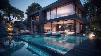 Luxury home, Expensive private villa, Swimming pool, Evening in a country house, Mansion exterior. Generative AI