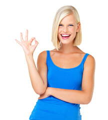 OK hand, happy woman and portrait isolated on a transparent, png background success sign, thanks or agreement. Like, yes and okay emoji and face of young person or model smile for winning and goals