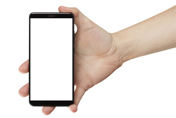 Hand holding black smartphone with blank screen, cut out