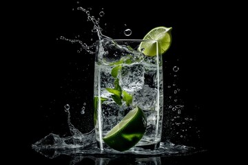 Fototapeta na wymiar Fresh cocktail with lime and mint on black background. Generative AI