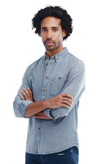 Man, serious and portrait with arms crossed isolated on a transparent, png background. Confident...