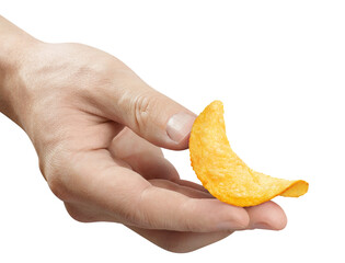 Male hand holding potato chips, cut out