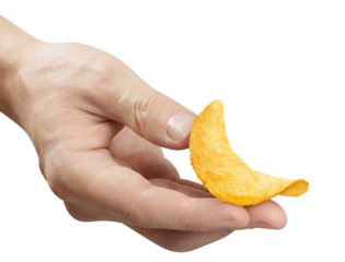 Male hand holding potato chips, cut out