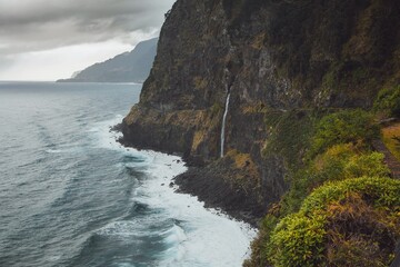 Drone view of Cascata do Córrego da Furna in Madeira, Portugal