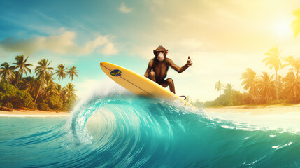 Cool monkey on surfboard thumbs up - Generative AI
