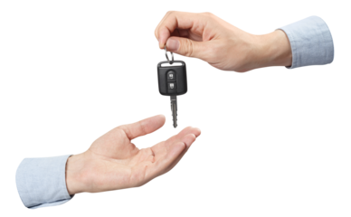 Two hands,sharing a car key, cut out