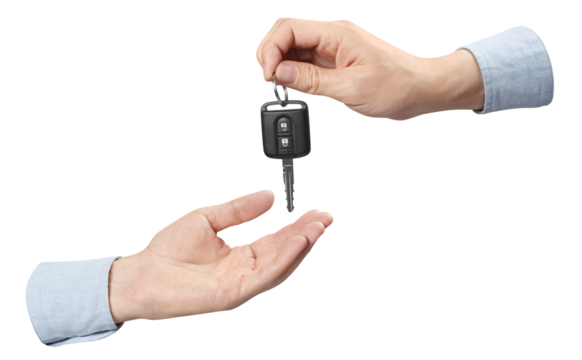 Two hands,sharing a car key, cut out